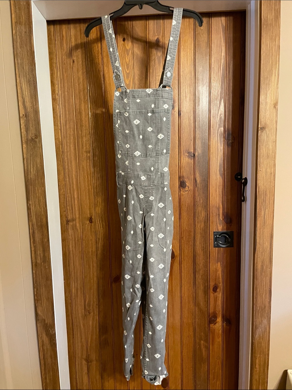 Hollister Gray Printed Denim Overalls with White Geometric Print